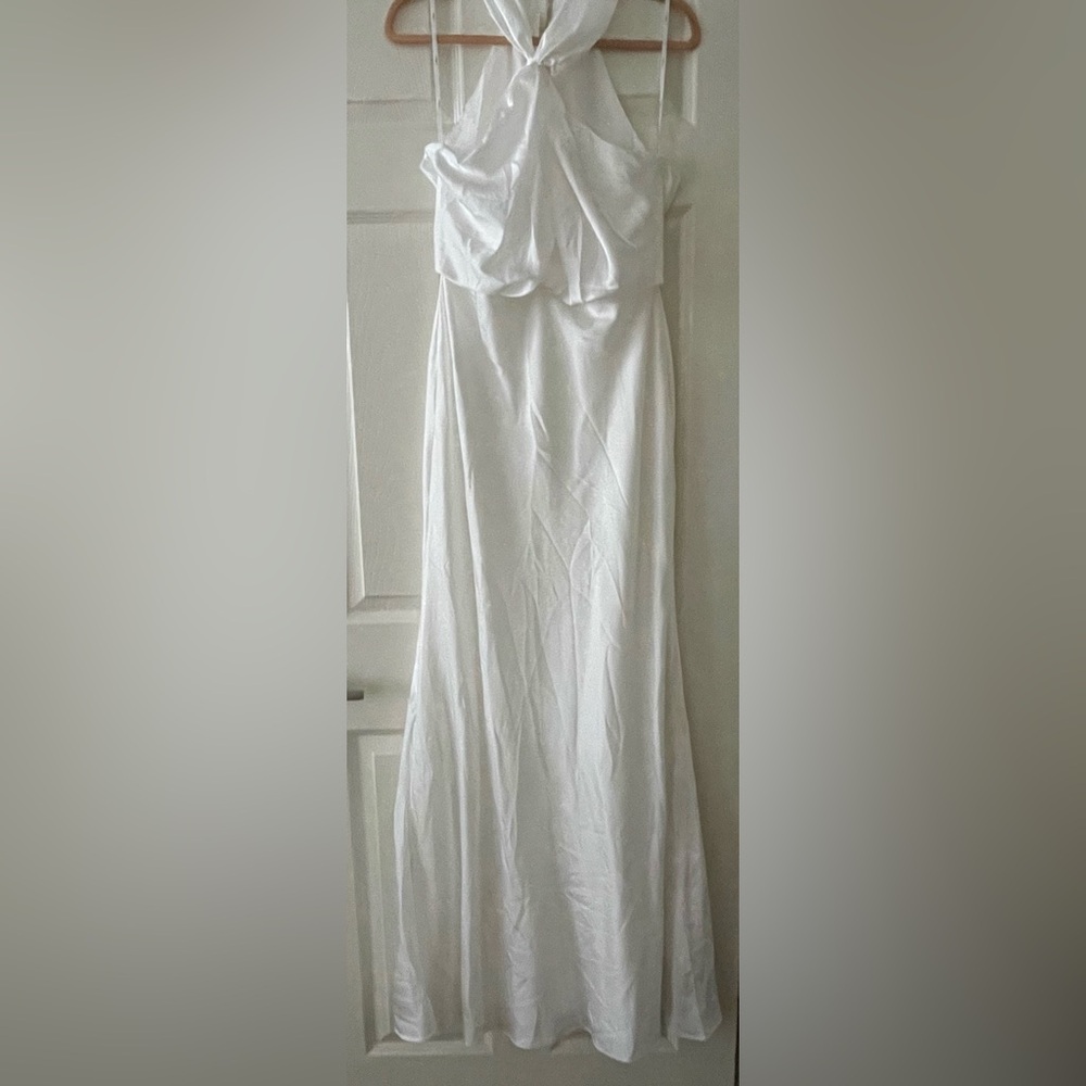 Pre-owned Lulus At the Halter White Satin Halter Neck Twist-Front Maxi Dress
